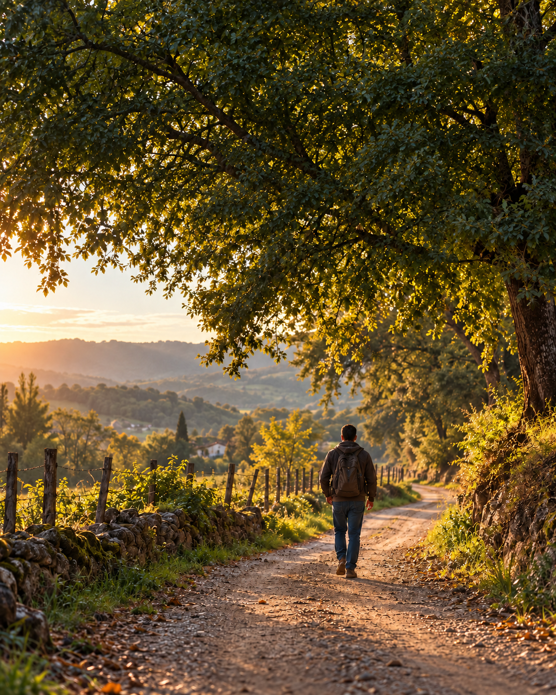Un hombre recorre un camino al amanecer. El corazón del hombre piensa su camino: mas Jehová endereza sus pasos. Proverbios 16:9, Reina-Valera 1909.